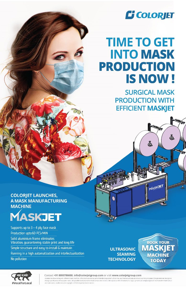 Colorjetgroup's tweet image. Time to get into mask production is now! ColorJet brings you an opportunity to explore a new dimension of business with ColorJet’s MaskJet – A Mask Manufacturing Machine.

For more info contact# +91-8800786688 or click bit.ly/2ADMmhX

#facemaskmakingmachine #facemask