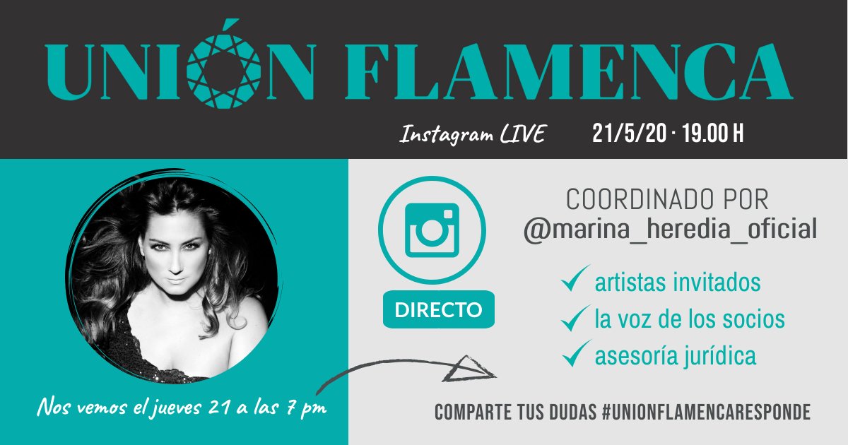UFlamenca's tweet photo. Nuevo #directoinstagram coordinado por @marina_heredia, con la asesoría jurídica de @pepecepero y la voz de  socios, amigos y fundadores como @acanalesoficial @CiaManuelLinan y #ElPele. Puedes compartir tus dudas con #UnionFlamencaResponde. ¡Te esperamos! https://t.co/dR3rlBFcbF