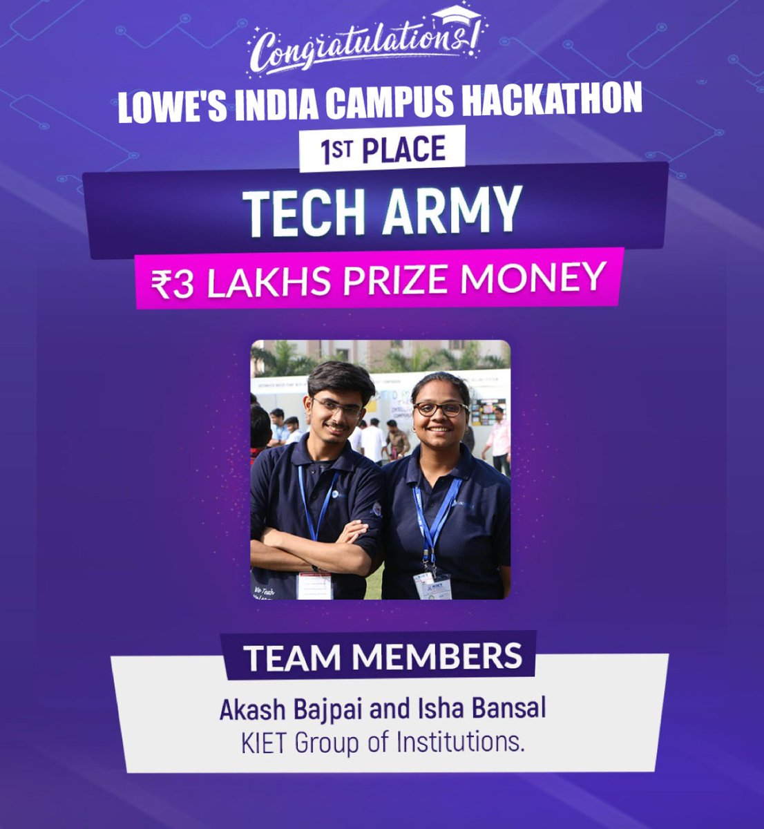 Kiet_edu's tweet photo. Facing challenges with strength, determination and confidence is what matters, and you have done it.
#Congratulations to the Team #TechArmy (Akash Bajpai and Isha Bansal - IT 3rd Year) for winning the #Lowe's India Campus #Hackathon.
#KIET_Group_of_Institutions #WINNER https://t.co/4BYseikhfc