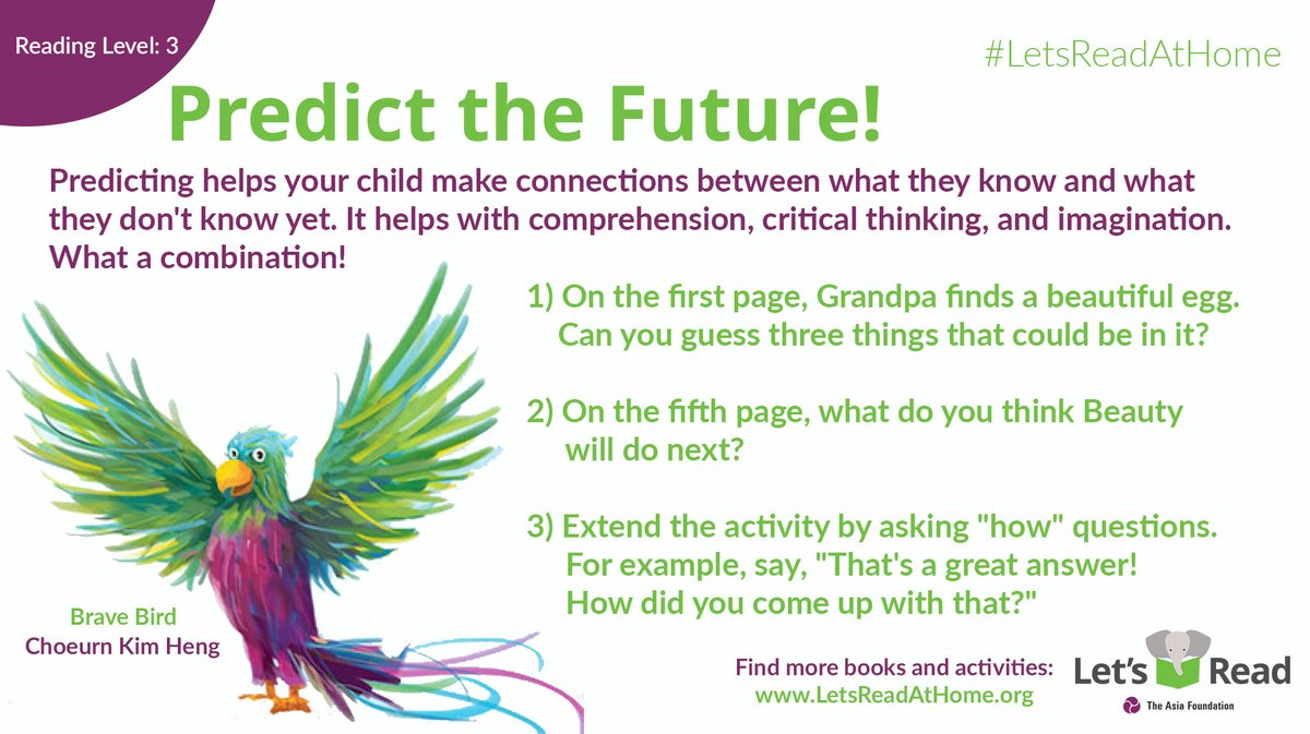 m_jkhan's tweet photo. Reading Tip to Parents: Try predicting the future!
Making predictions enhances comprehension, critical thinking, and imagination.
Brave Bird: https://t.co/tlF1wc2Iqg
Find more fun books and reading activities: https://t.co/kfbm8YEVVZ
#LetsReadAtHome
#LetsReadAsia https://t.co/twDLyUF7UW
