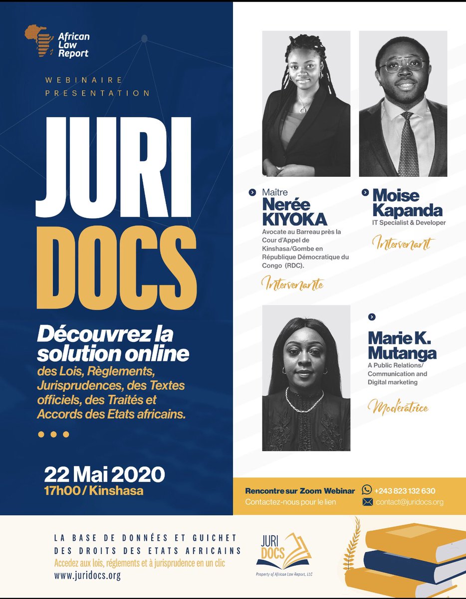 JuriDocs's tweet photo. Join our webinar session with our very own special speakers 
@NereeKiyoka our lawyer from #RDC
#Moïse_Kapanda engineer from #US and @MarieMutanga media relations from #SA 
Date: Friday.22.May.2020 
Time: 17:00 (Kinshasha time) 
Link 👉🏿 https://t.co/t0uQcKjNA0 https://t.co/luXNxz3sQB