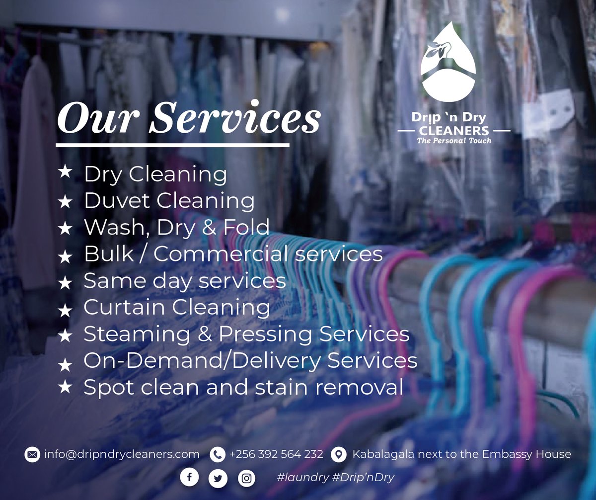 DrycleanersN's tweet photo. At Drip 'n Dry, we give each garment a personal touch through our premium high-quality services. Contact us on +256 705138605/ +256 772450952 for any bookings and inquiries.
#laundry #DripnDry https://t.co/8HHI6ikL7x