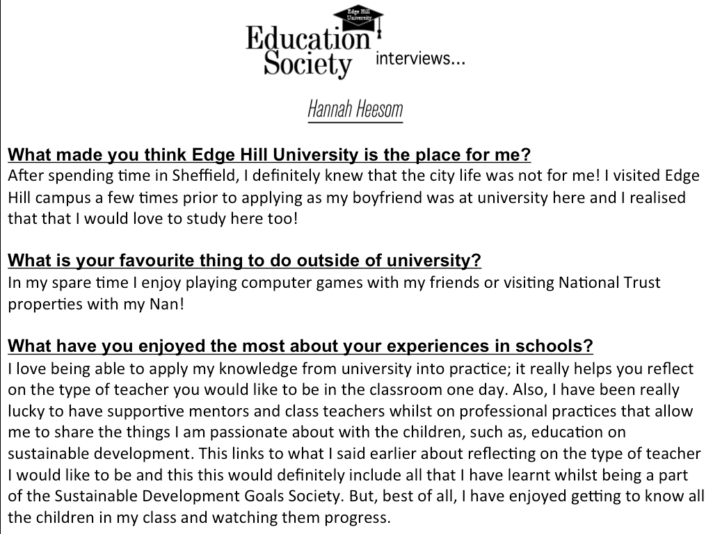 EHU_FOE's tweet photo. Take a look at @HannahHeesomEHU's interview, a second year Primary Education student. She discusses what motivated her to teach, why @edgehill was the place for her and what she enjoys teaching linking her work to the @network_sdg. #EdSocTakeover https://t.co/94oJAaIwq0