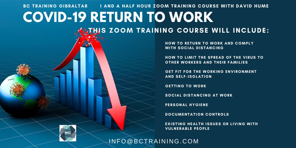 BCTrainingGib's tweet photo. Do you want to make sure that your employees are happy and confident about their return to work? This is proving to be a popular course. Only £100 for up to eight people - equivalent to £15 per person. Message us today
#returntowork #zoomtraining #bctraining #Gibraltar https://t.co/o4V6OSpFUq