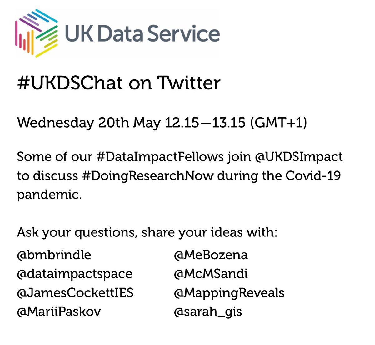 UKDSImpact's tweet photo. One hour to go...
Join some of our #DataImpactFellows for a #UKDSchat to discuss #DoingResearchNow at 12.15 BST
#ecrchat #phdchat #researchers https://t.co/Uq2eMhEwTN
