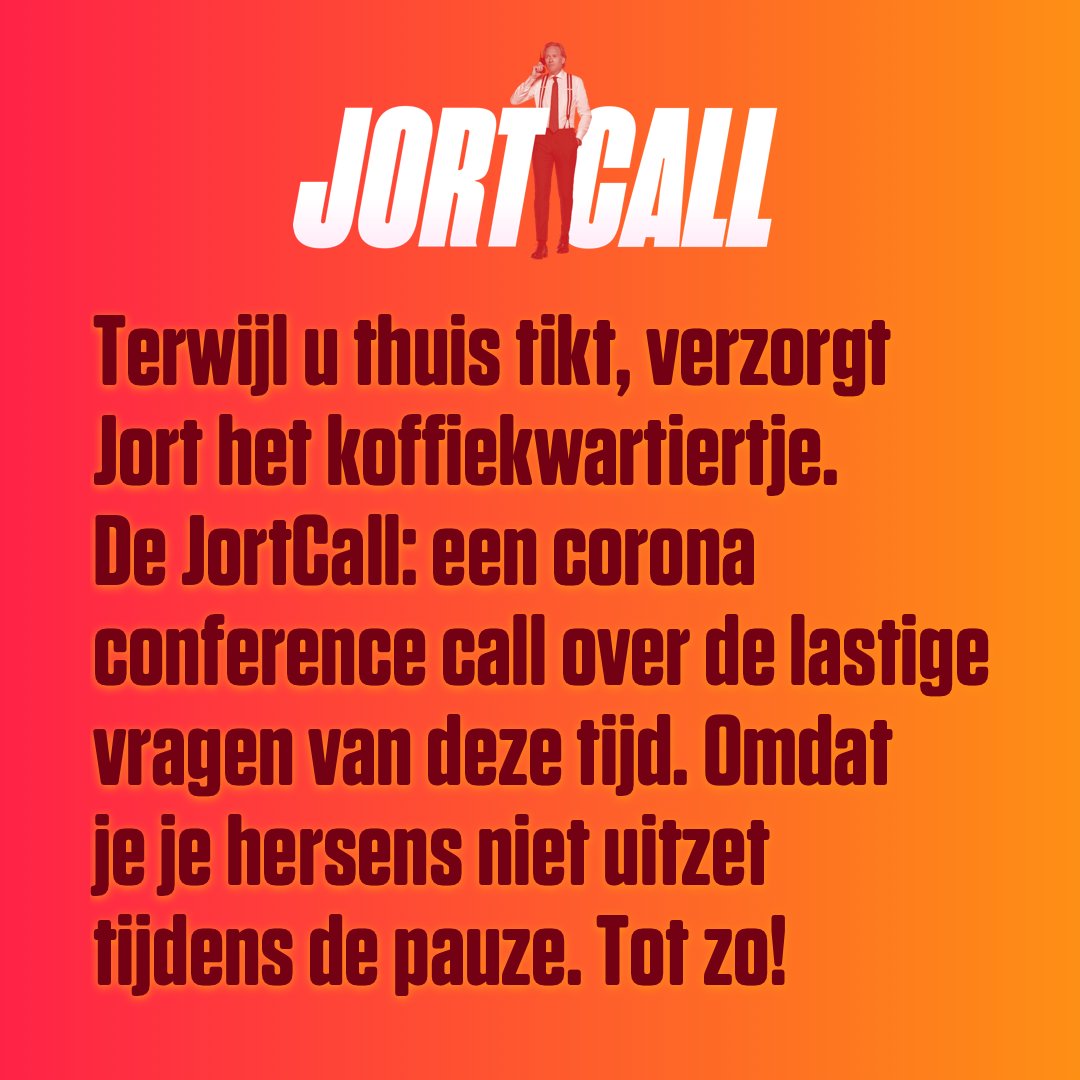 JortCall's tweet photo. Terwijl u thuis tikt, verzorgt Jort het koffiekwartiertje.  De JortCall: een corona conference call over de lastige vragen van deze tijd. Omdat  je je hersens niet uitzet  tijdens de pauze. Tot zo! https://t.co/Qo235Ho4sn