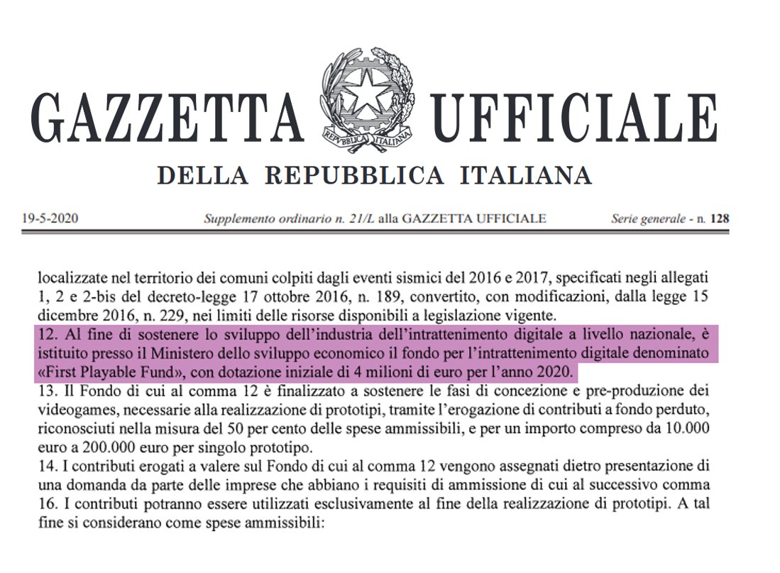 IIDEAssociation's tweet image. 📣 Il First Playable Fund è realtà!
Confermiamo che la misura di sostegno agli sviluppatori italiani di videogiochi, su cui abbiamo lavorato in prima linea come Associazione, è stata approvata nel testo definitivo del DL Rilancio in Gazzetta Ufficiale. bit.ly/FirstPlayableF…