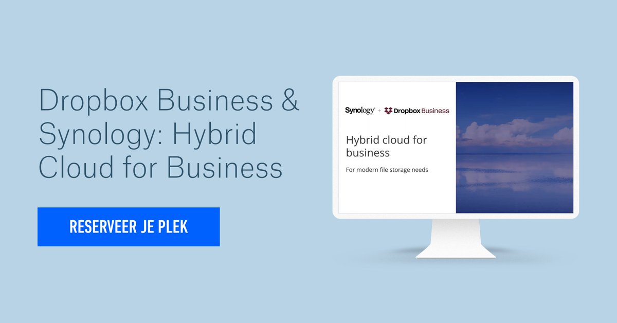 Bied je klanten het beste van beide: de hybrid cloud! Een samenwerking tussen Dropbox Business en Synology biedt jouw klanten de optimale hybrid cloud.  Volg het webinar en ontdek alle voordelen! 🎥 
Technische webinar - 10 juni om 10u. Schrijf je in! ⬇ dsdeurope.nl/webinars