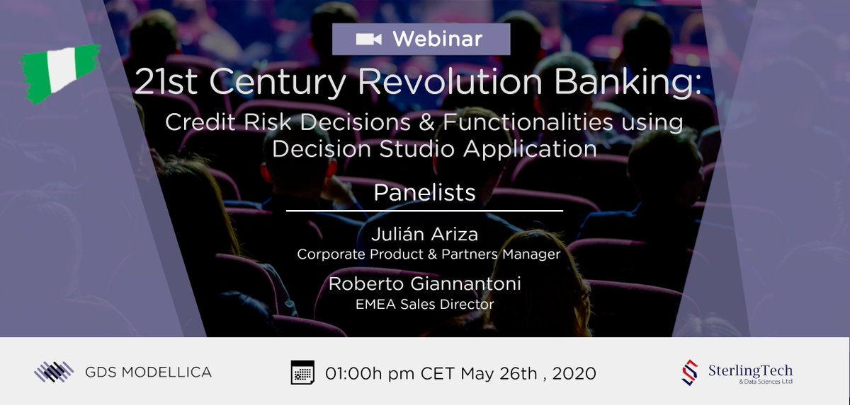 modellica's tweet image. Hello Nigeria!

Welcome to our next Webinar - 21st Century Revolution Banking:  Credit Risk Decisions &amp;amp; Functionalities using Decision Studio Application, on May 26th.

To reserve your seat: 
gdsmodellica.com/21st-century-r…
#webinar  #gdsmodellica  #sterlingtech  #nigeria