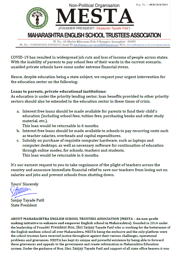 OfficialMesta's tweet photo. Letter requesting the Hon. Finance Minister @nsitharaman  to take necessary measures to provide interest-free loans to the education sector in order to pay salaries to teaching &amp; support staff.
@FinMinIndia @nsitharamanoffc @PMOIndia  #SchoolFees #MESTA https://t.co/66QzS0mAMx