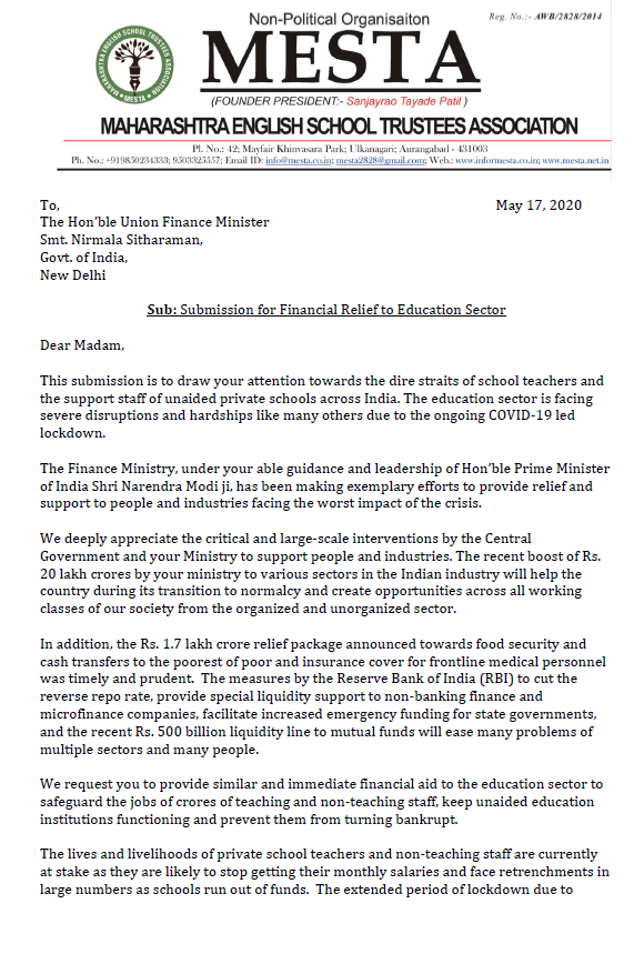 OfficialMesta's tweet photo. Letter requesting the Hon. Finance Minister @nsitharaman  to take necessary measures to provide interest-free loans to the education sector in order to pay salaries to teaching &amp; support staff.
@FinMinIndia @nsitharamanoffc @PMOIndia  #SchoolFees #MESTA https://t.co/66QzS0mAMx
