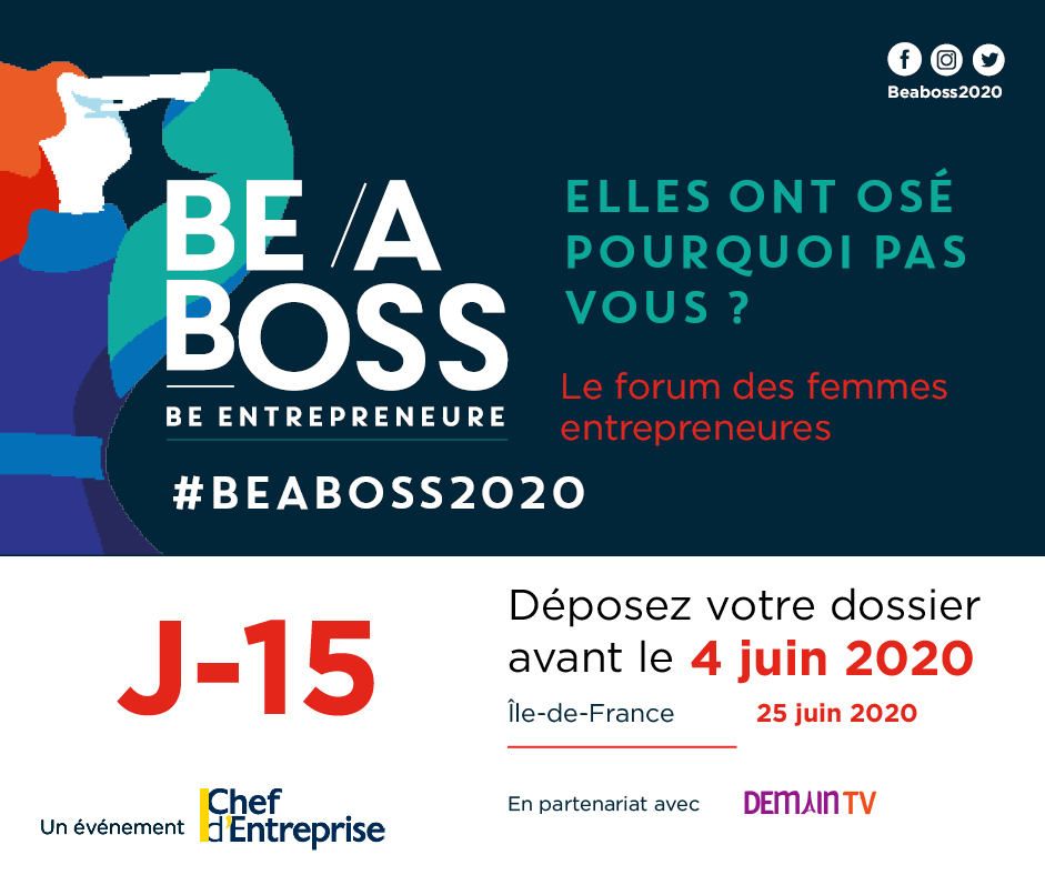 Be a boss Paris, l'événement dédié aux jeunes femmes entrepreneures
J-15 pour déposer gratuitement votre candidature sur bit.ly/2vXYIzA
🗓️Puis RDV le 23 juin devant notre jury pour la sélection finale
En partenariat avec <a href="/demaintv/">Demain !</a>
#Beaboss_2020 #entrepreneuriat #femmes