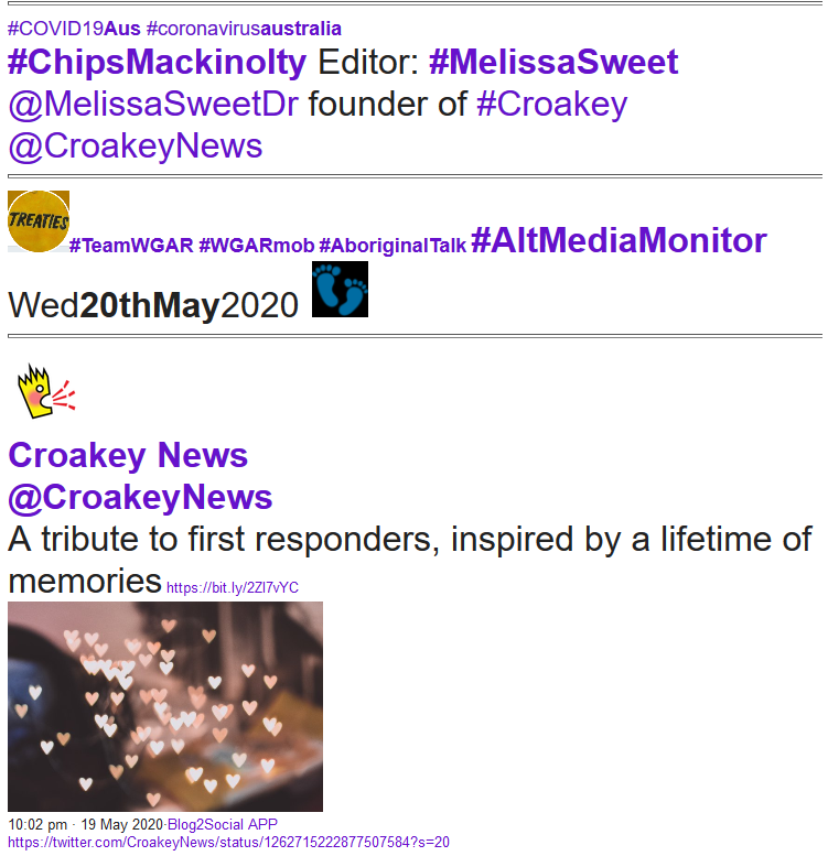 WgarNews's tweet photo. @3wombats @MelissaSweetDr @CroakeyNews @lynlinking @RobRobbEdwards @denniallen @JonesHowdareyou @RachelQuayle08 @WhteRbbnAdvocat @LadyPoop2 @RightsLGBTI @anne_clothier #aTributeToFirstResponders, #inspired by #aLifetimeOfMemories | #CroakeyAuthor: #ChipsMackinolty
#MelissaSweet @MelissaSweetDr #CroakeyArticle @CroakeyNews @CroakeyVoices https://t.co/3vLIBowngN
https://t.co/gjKx65BKjc Cc @MondayIdas @mariemcinerney @rjstrikers @joewilliams_tew https://t.co/TwrugQMHxE