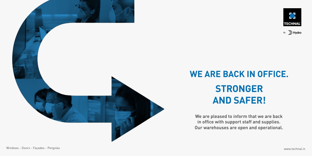 WE ARE BACK IN OFFICE. STRONGER AND SAFER!
We are pleased to inform that we are back in the office with support staff and supplies. Our warehouses are open and operational.

#backtotheoffice  #teamwork  #postlockdown #technalindia #safetymeasures #workplace
#strongerandsafer