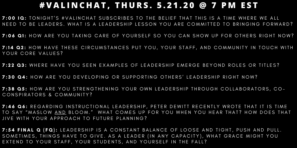 ALPlearn's tweet image. What? #VaLINchat, a weekly connection with members of the #VaLIN Innovation Network.

When? This Thursday 5/21 at 7pm EDT.

Why? A focus on leadership lessons for moving into the weeks and months to come. Join the conversation! Questions below.