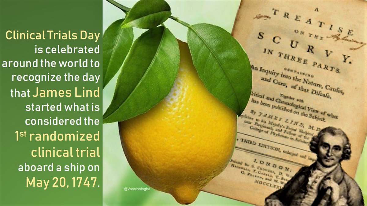 #ClinicalTrials are important to discover new treatments / vaccines & new ways to detect / diagnose #disease. #ThisDayInHistory 273 years ago, James Lind started the 1st randomized #clinicaltrial of the most promising cure for #scurvy🍋 #ClinicalTrialsDay #CTD2020 #ScienceMatters