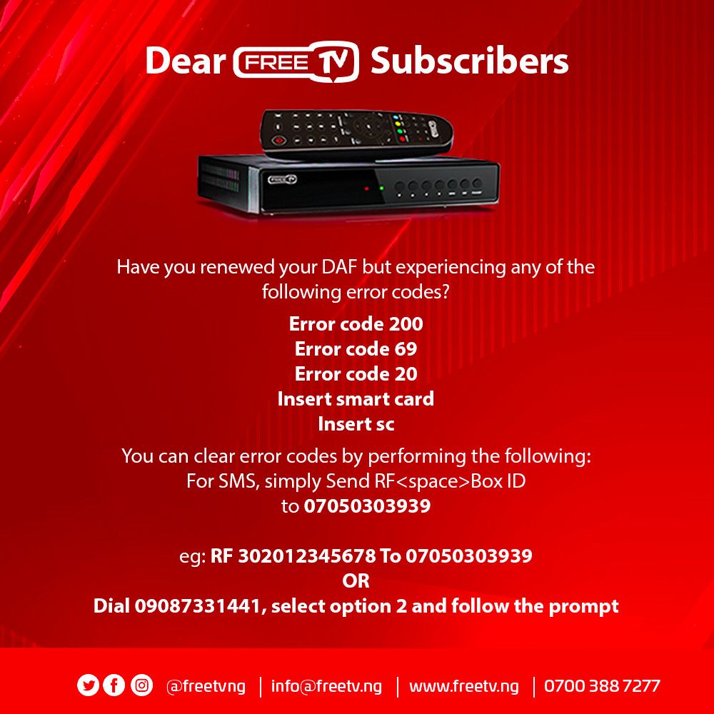 FreeTVNg's tweet photo. Dear FreeTV Customer,are you experiencing any of the following error codes? You can now fix it yourself. Just follow the steps below.FreeTV #freetvselfservice #clearerrorcode #errorcode200 #errorcode69 #errorcode20 #insertsmartcard #insertsc. https://t.co/hijqBHwPeE