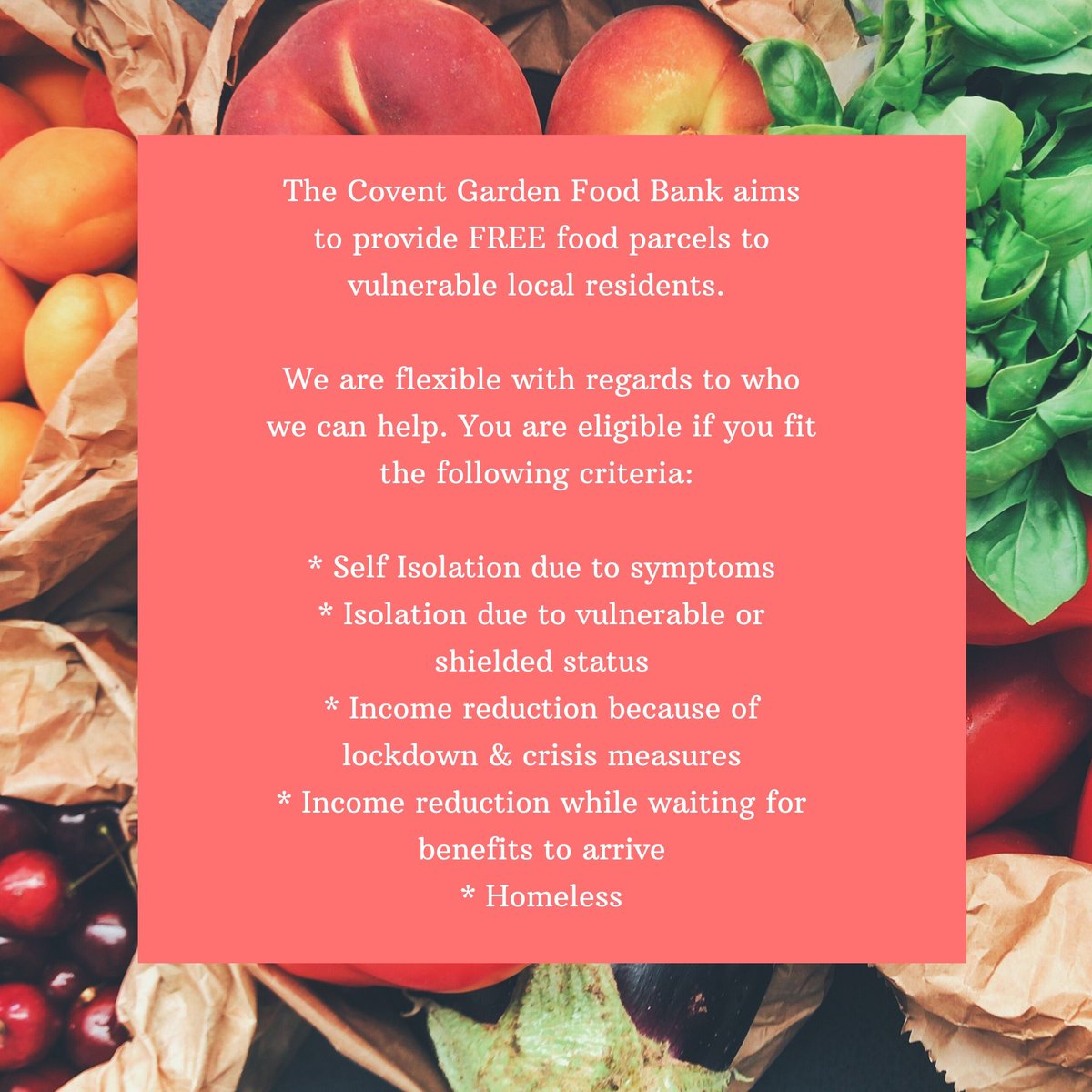 If you live, work or study in the Covent Garden, Holborn, Soho areas and are in need of food relief please fill in the following form: buff.ly/2zZcTpG
All collections are from the 7 dials club ☺️