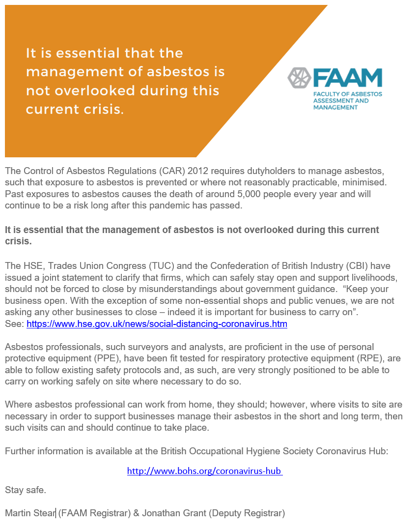 BOHSworld's tweet photo. It is essential that the management of #asbestos is not overlooked during this current #crisis.

See an important message from our #FAAM Registrar and Deputy Registrar below: https://t.co/7FU93bQnSr