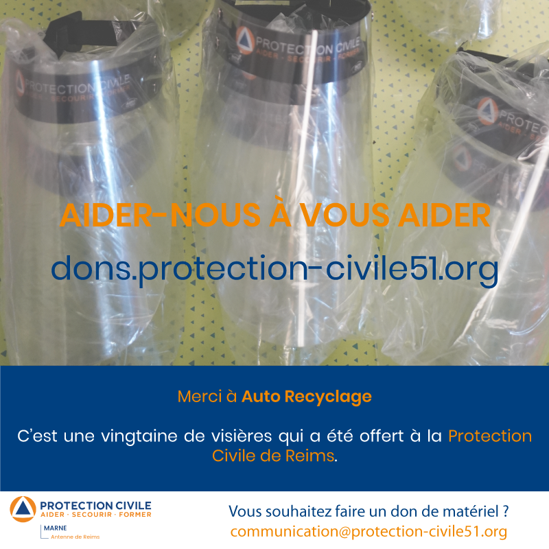 Protec51's tweet photo. [DON - COVID19] Merci à Auto Recyclage pour le #don d'une vingtaine de #visières fait à la Protection Civile de #Reims.
Ces visières servent à protéger nos bénévoles durant les manifestations, notamment aujourd'hui lors de la distribution de masque organisée par la #villedereims https://t.co/WGqCBtkeNA