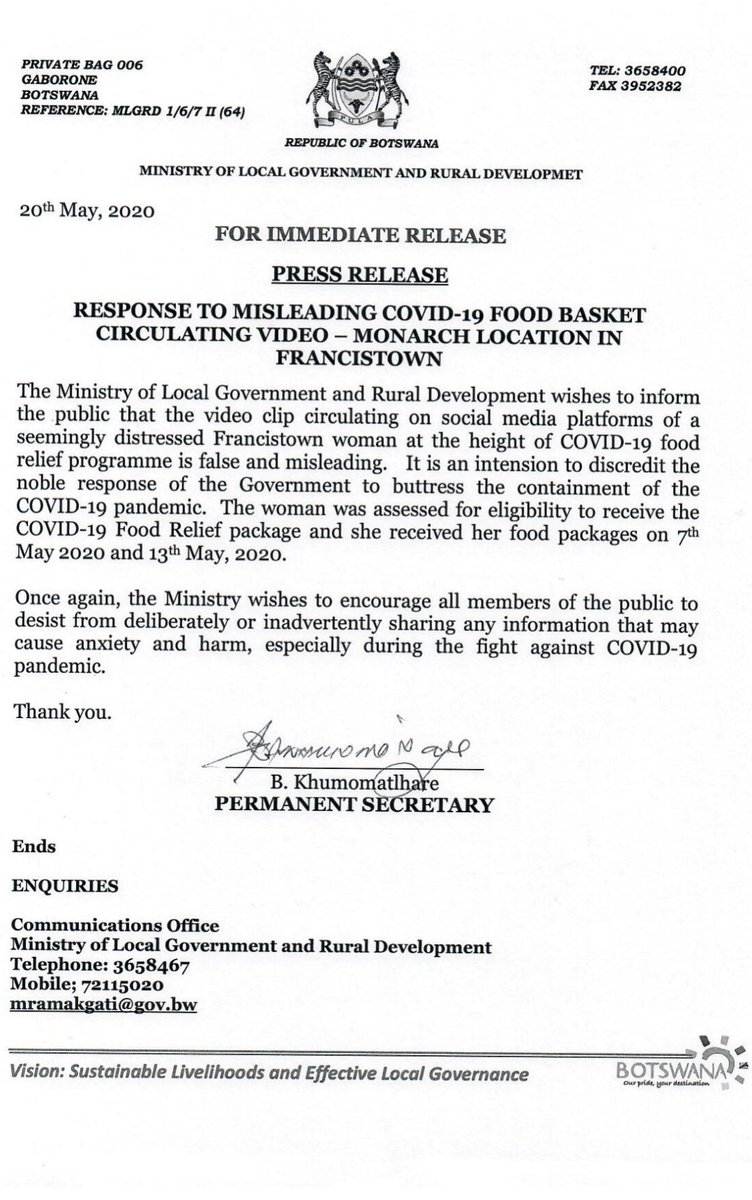 PRESS RELEASE - RESPONSE TO MISLEADING COVID-19 FOOD BASKET CIRCULATING VIDEO – MONARCH LOCATION IN FRANCISTOWN