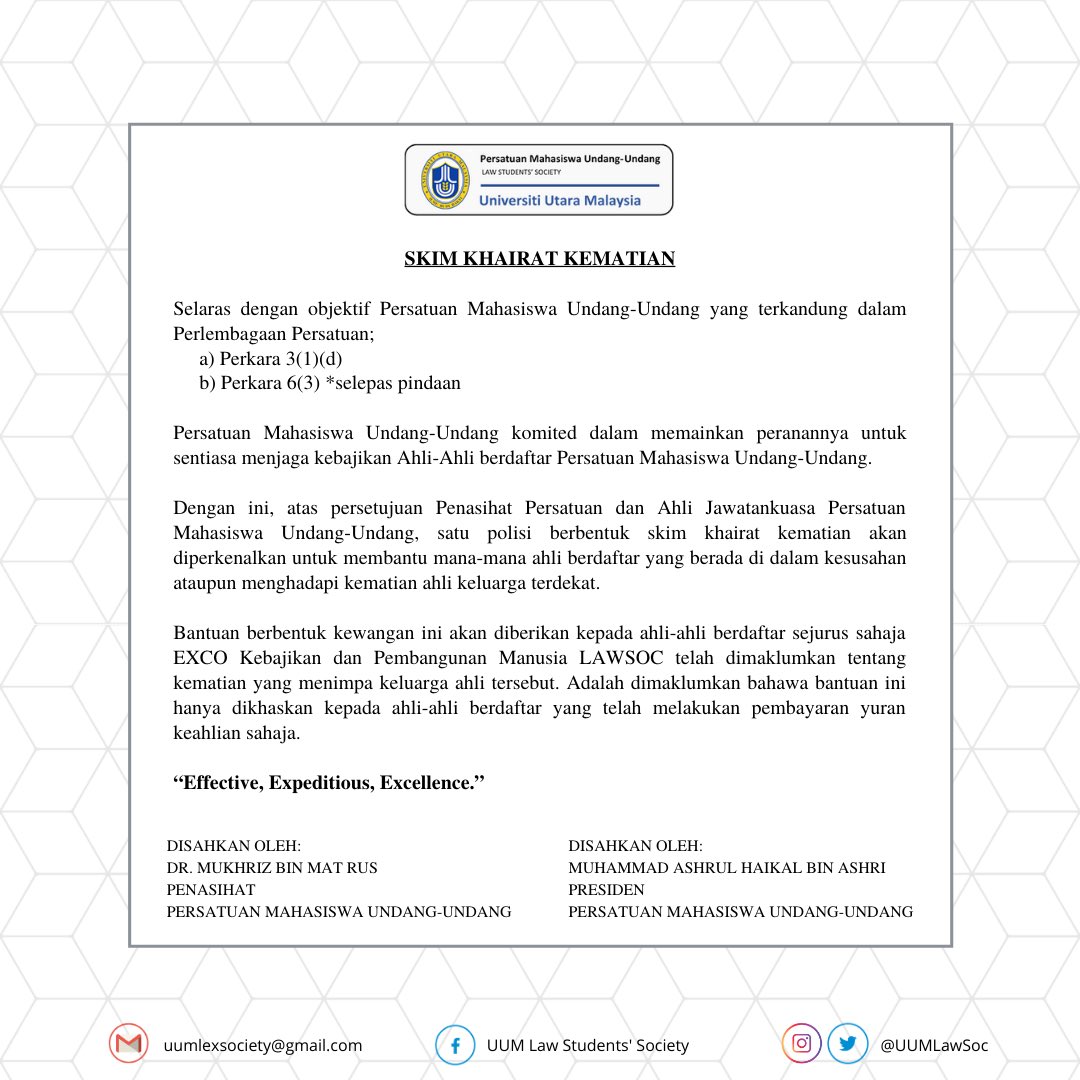 Uzivatel Uum Law Society Na Twitteru Skim Khairat Kematian Skim Khairat Kematian Ini Merupakan Salah Satu Polisi Baru Yang Diperkenalkan Oleh Uum Lawsoc Sesi 2019 2020 Dalam Menjaga Kebajikan Setiap Mahasiswa Undang Undang Https T Co U3whtldcgy