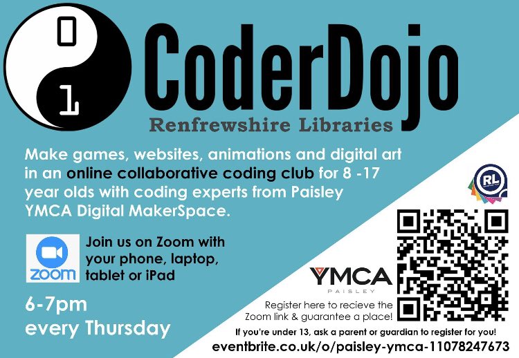 YMCAPaisley's tweet image. Looking forward to another @CoderScot session online with all the #youngpeople of Renfrewshire tomorrow on @zoom_us with the awesome @RenLibraries learning to #code during #lockdown2020 don’t miss out book now on @eventbrite 👾