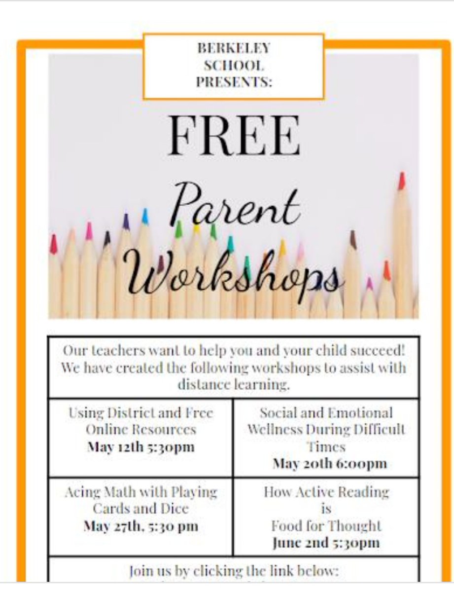 Mere_Forte's tweet photo. Berkeley Families, join @SanGiovanni5th and I at 6pm tonight for Berkeley's second Virtual Parent Workshop! We will be discussing Social Emotional Wellness During Difficult Times. #berkeleypride
The link to join is on the Berkeley Website.
@BerkeleyDrB, @AsstSupBlmfld https://t.co/nTMJrfjpKv