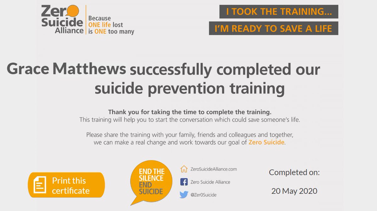 I have just spent some time completing a Suicide Prevention Course. Suicide is preventable and 30 minutes of my time has taught me how to potentially save a life. <a href="/Zer0Suicide/">Zero Suicide Alliance</a> Visit: zerosuicidealliance.com/training
#suicide #suicideprevention  #mentalhealth #suicide #savealife