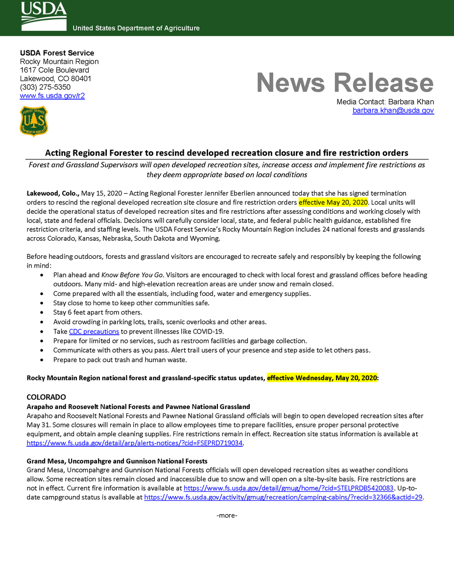 GMUG_NF's tweet photo. #Alert Acting Regional Forester rescinds developed recreation closure and fire restriction orders. Fire 🔥restrictions are no longer in effect.  Please recreate responsibly on the #GMUG‼️ #GMUGFireInfo #FireSeason https://t.co/iWWo3cC5jH