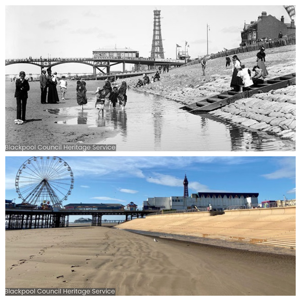 showtownhistory's tweet photo. A Blackpool seaside then & now! It's #mentalhealthawarenessweek & although we can't currently enjoy the seaside as we normally would, we hope to bring some positivity to you at home by sharing our collections & reminiscing about Blackpool's seaside. @ShowtownBPL #seasideweek https://t.co/ZStkX4L7yl
