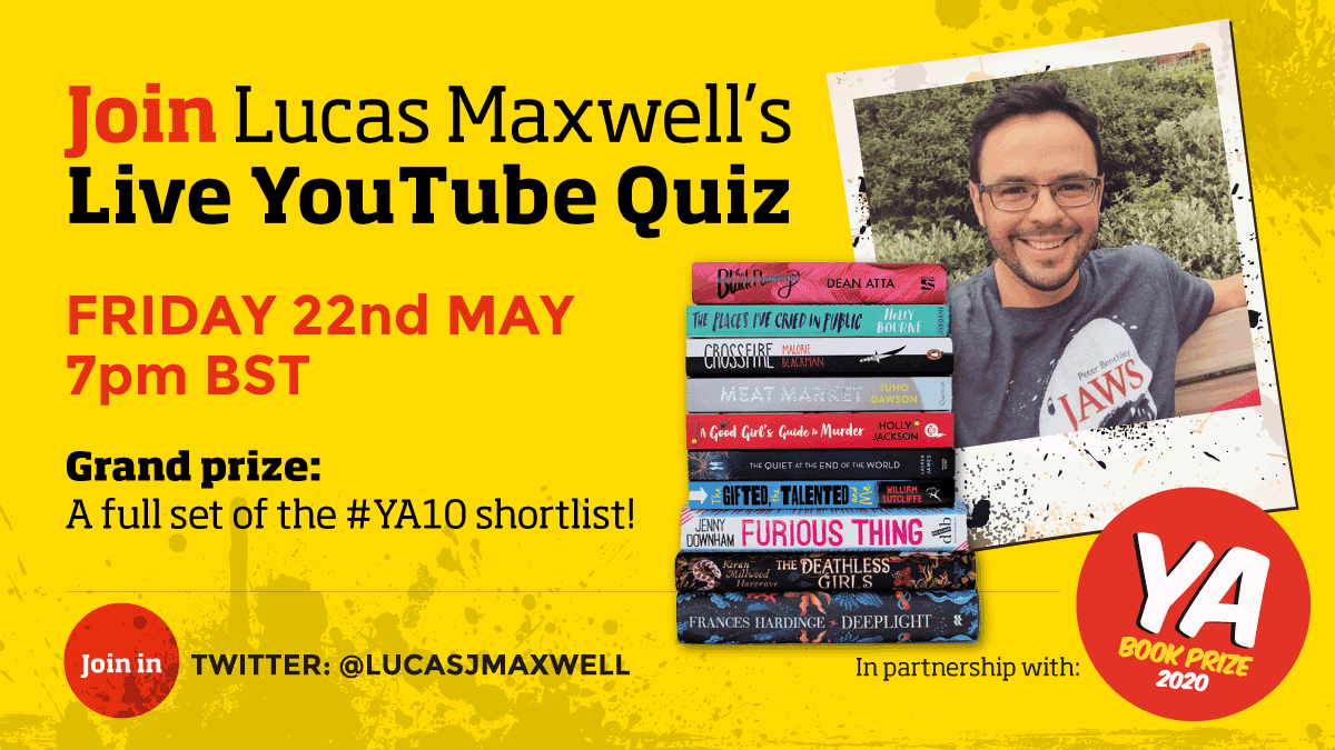 yabookprize's tweet photo. In a week's time we'll be getting started with the #YABP WINNER reveal! We can hardy wait—in the meantime, send in your questions for the LIVE panels with the #YA10 hashtag, and don't miss @lucasjmaxwell's #YAbookprize live YouTube quiz tomorrow! See more details below 👀 https://t.co/4nugXBPUeK