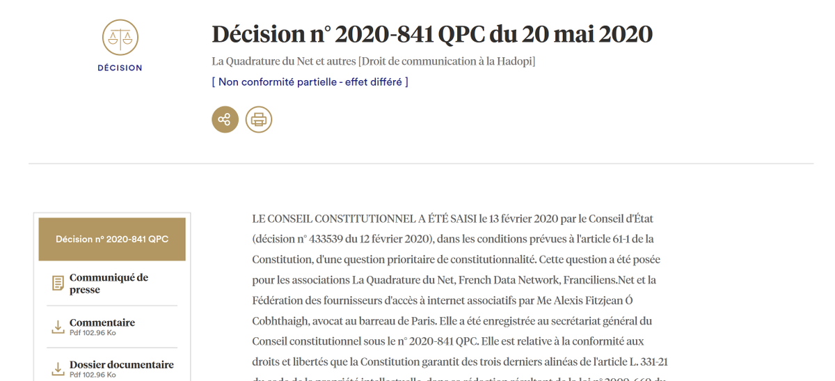 Conseil_constit's tweet photo. Décision n° 2020-841 QPC du 20 mai 2020, La Quadrature du Net et autres [Droit de communication à la HADOPI] Non conformité partielle - effet différé https://t.co/ZolP8dH93Q https://t.co/6xMd0jEkwF