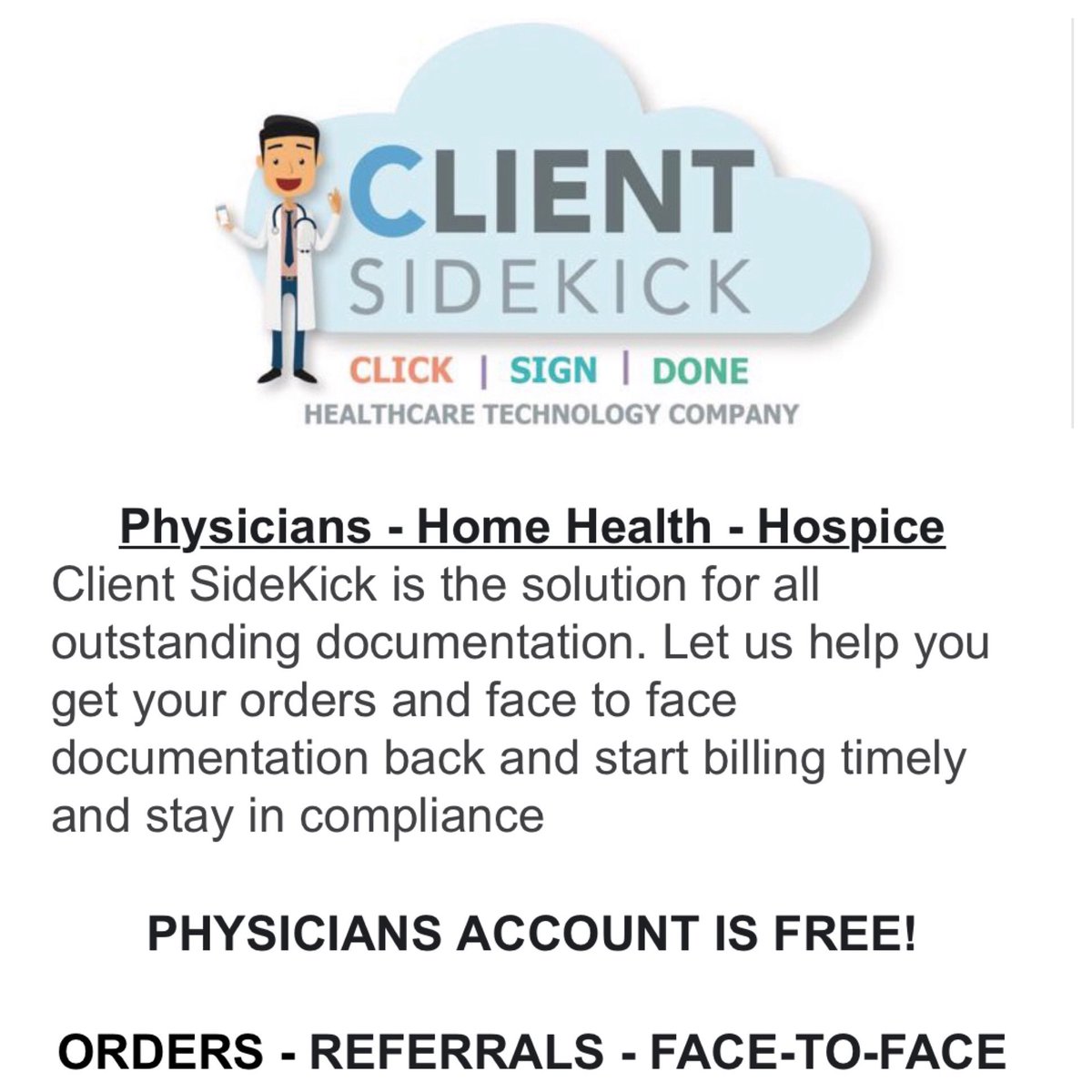 ClientSideKick's tweet image. #Physicians - #HomeHealth - #Hospice
#Doctors love using our software. Thousands of orders already signed. Agencies are able to bill timely and increase cash flow.
PHYSICIANS ACCOUNT IS FREE!

#ORDERS #REFERRALS #FACETOFACE DOCUMENTATION MANAGEMENT 

clientsidekick.com/schedule-a-dem…