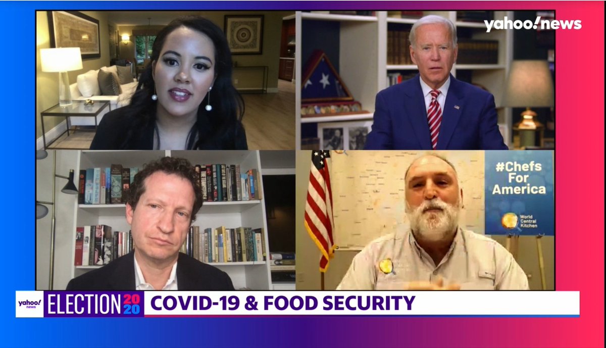 This Town Hall with Biden &amp; José Andrés was fantastic.

They discussed #FoodInsecurity, protection for workers on the food #SupplyChain, food as a national security issue &amp; how restaraunts can feed high risk people who can't leave home.

Watch: yhoo.it/2AKyp1Y
#GoJoe