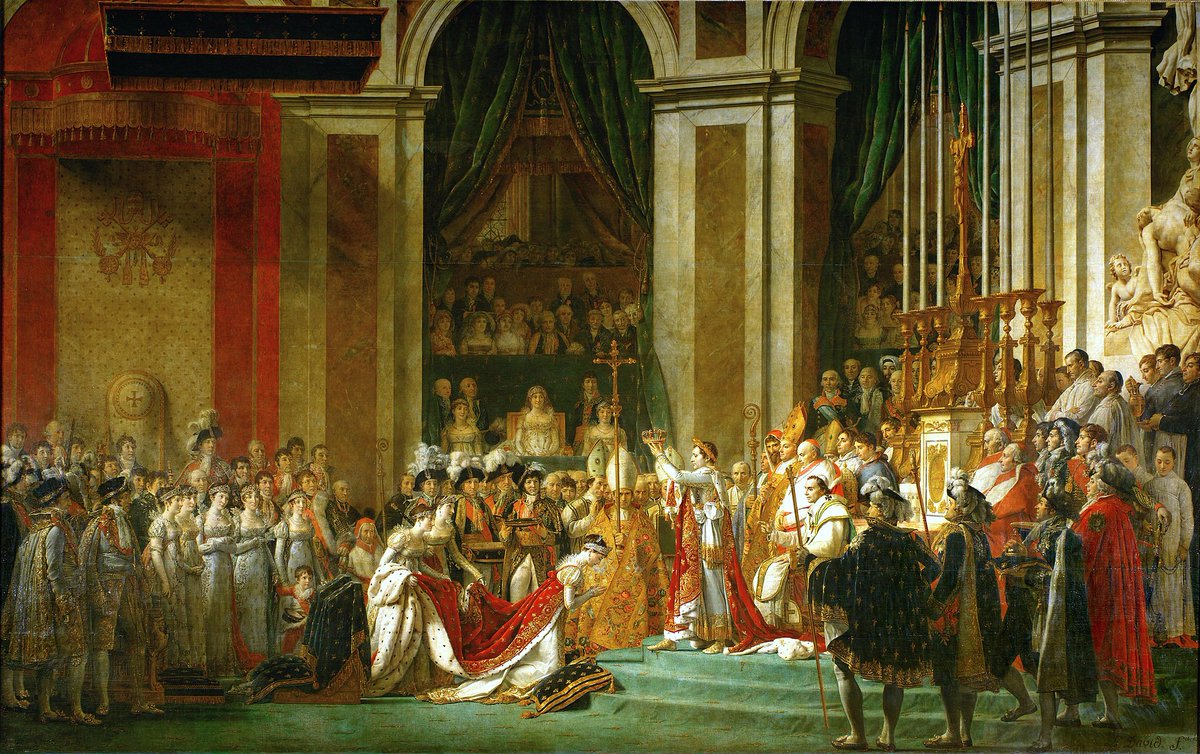 The style came about after the upheaval of the French revolution when the idealization of "ancient values" caused a push to return to these values, and brought about the neoclassical style, harkening back to ancient Greece (as modeled by the Bonaparte coronation, and the Empress)