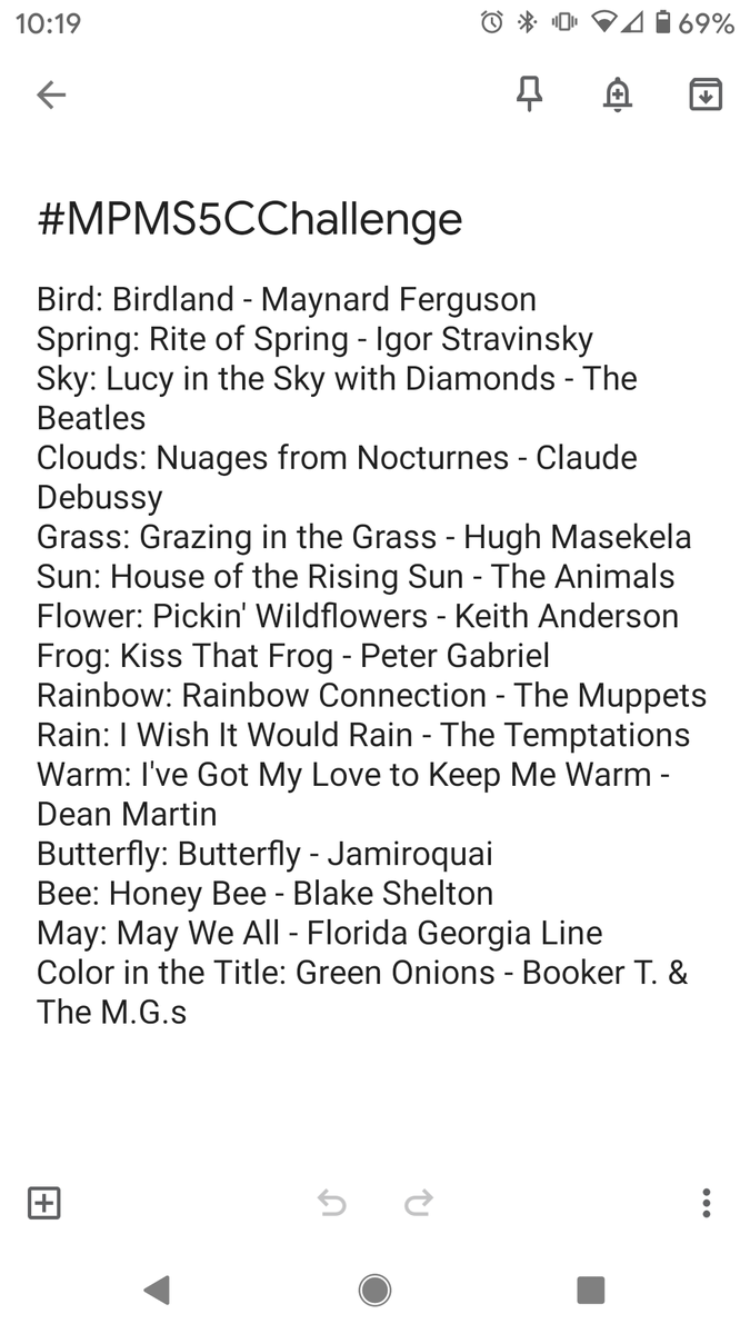 This week's #MPMS5CChallenge is a music playlist with spring words in the title.  Here's my list!