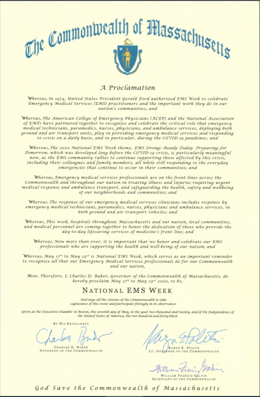 cobth's tweet photo. Special thanks to @MassGovernor and @marty_walsh for their proclamations recognizing #NationalEMSWeek! https://t.co/rRrPd1taAU