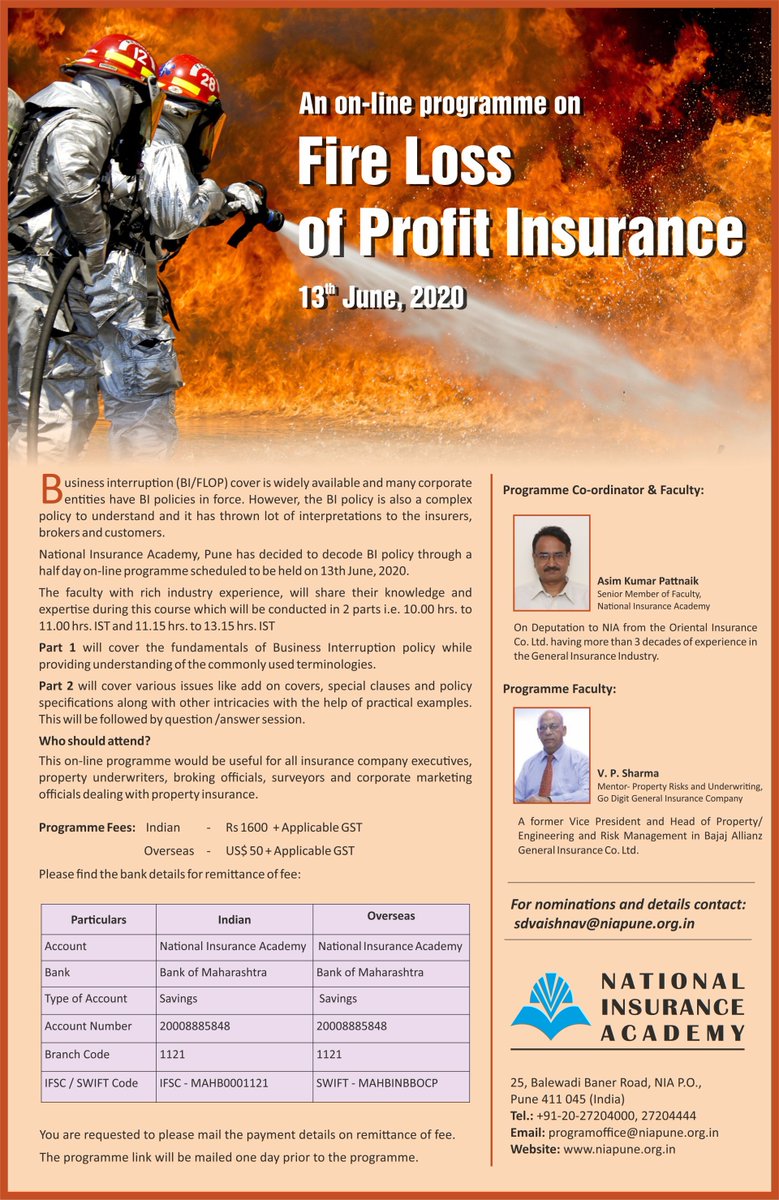 officialNIAPUNE's tweet photo. Online Training Programme on Fire Loss of Profit Insurance 13th June, 2020
#niapune #insurance #onlinetrainingprogramme https://t.co/9Dc0I7AkG3