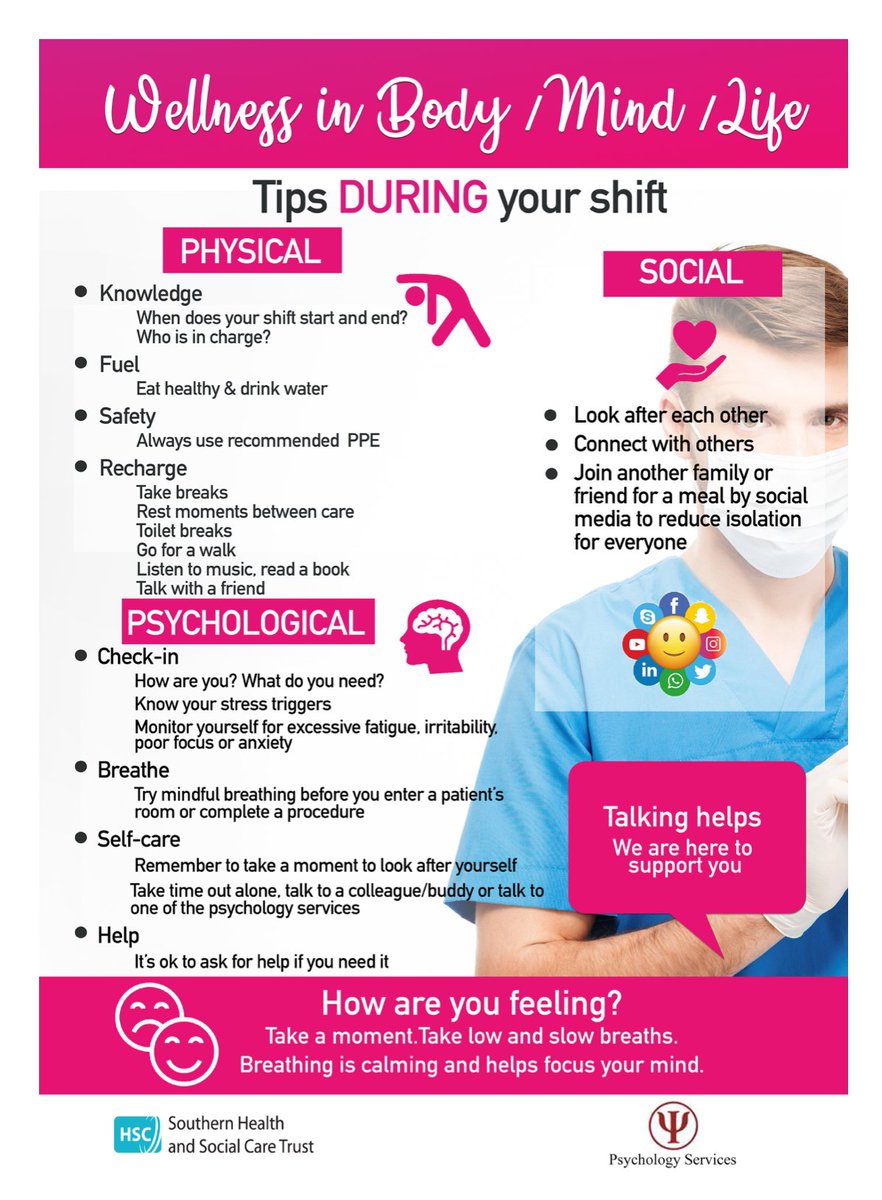 It can be difficult to fit self-care into a busy day. Here are some of the staff self-care tips that we’ve shared throughout Craigavon Area Hospital for before, during and after shifts. 
PDFs available on request DM for details #staffsupport #TakeCareToGiveCare