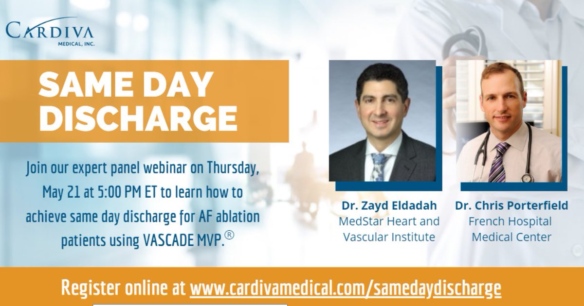 HaemoneticsIT's tweet photo. Same day discharge is becoming increasingly important. Join our webinar to learn how MedStar Washington HC &amp; French Hospital MC are achieving #SameDayDischarge for #AFAblation patients w/ #VASCADEMVP. Sign up: https://t.co/IVdoLCINfg Instructions for Use: https://t.co/9xVa8cEM8I https://t.co/CeYiHAyZIx