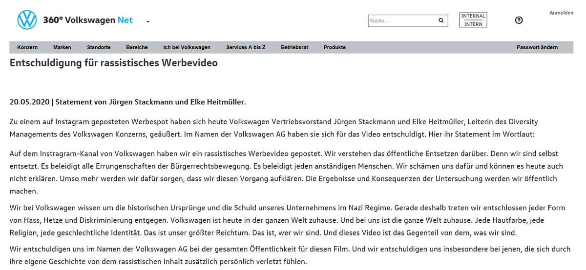 Heute teile ich ein gemeinsames Statement mit <a href="/jstackmann/">Jürgen Stackmann</a> zu einem Thema, das mich als Leiterin des Diversity Managements von <a href="/VWGroup/">Volkswagen Group</a> und persönlich bewegt.