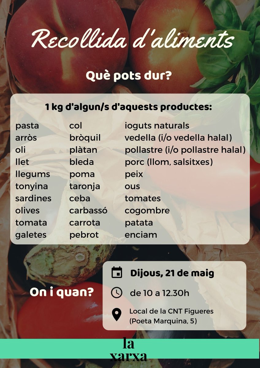 laxarxa_altemp's tweet photo. ‼️ Demà tormem a fer recollida d'aliments per abordar la situació d'emergència social que viuen diverses famílies de la comarca. 
🫂 Tota petita ajuda és imprescindible. Teixim xarxes de solidaritat a tots els pobles i ciutats. https://t.co/j57Q5yasr6