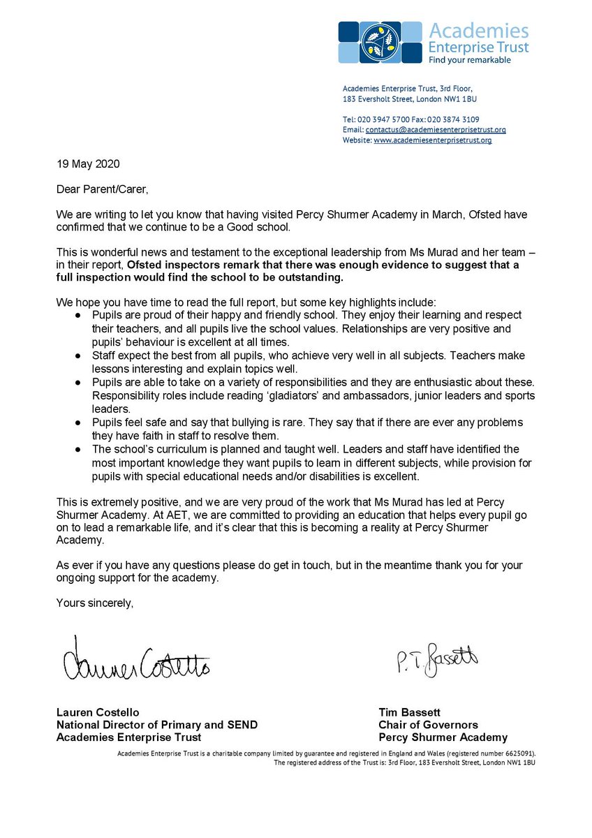 We are so delighted to inform our parents that Percy Shurmer has been rated a Good School with a view to suggest a full inspection would find Percy Shurmer to be Outstanding!