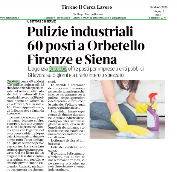 quojobis's tweet photo. #Quojobis Per la #fase2 servono urgentemente addetti alle pulizie industriali e sanificatori in Toscana. E’ una ricerca sempre aperta, ma in questo momento ha carattere di urgenza. Ne parla @iltirreno https://t.co/IVqHuqz9L4 #news  #Covid_19 #COVID19italia #jobsearch #Jobs https://t.co/6xCkzzekuM