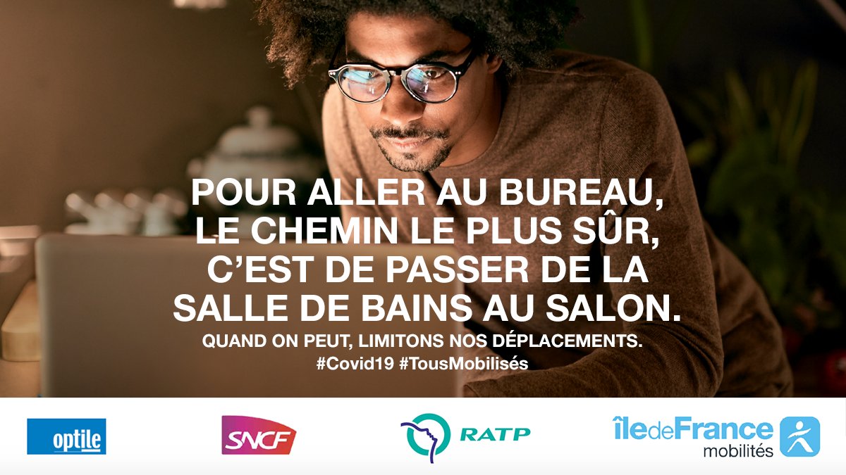 Pour éviter la propagation du #covid19, limitez vos déplacements au strict nécessaire et aidez à garantir la sécurité de tous en privilégiant le télétravail.
Avec 🤝 <a href="/IDFmobilites/">IDF Mobilités</a> <a href="/SNCF/">❌</a> <a href="/RATPgroup/">RATP Group</a> <a href="/optile_idf/">Optile</a>