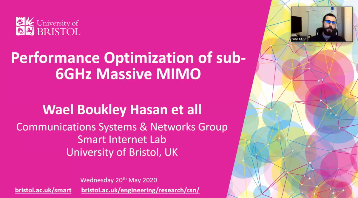 bristol_smart's tweet photo. Brilliant seminar today by @BoukleyWael talking about "Performance Optimization of sub-6GHz Massive MIMO"!  So nice to see so many of our members virtually as well! More info on the talk here - https://t.co/ZQ8lzrj09e @BristolCSN @NetworksBristol @BrisPhotonics @BristolUniEng https://t.co/cW0KXcGquk