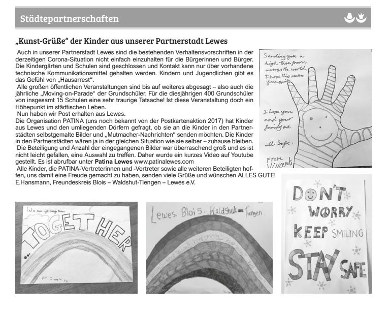 PatinaLewes's tweet photo. Delighted that the drawings and messages we collected from local children for the children in our twin towns during lockdown has gone down very well in Waldshut-Tiengen! Here's an article they published in the local paper about it. :) https://t.co/a6QcvX1rza