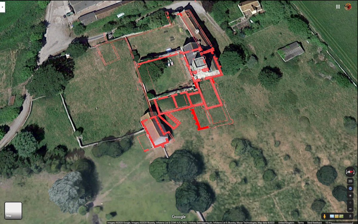 It is a shame Google only caught half of its infirmary in 3D, because Woodspring Priory is a really unusual and confusing site at first. W front with angle turrets by the farmhouse, tower is crossing, chancel demolished. Lovely fan vaults under the tower