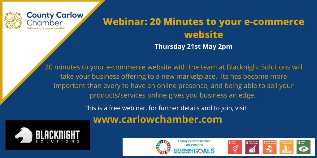 carlowchamber's tweet image. How to build an online store in 20 minutes, is our webinar tomorrow with @conn from @blacknight, join us at 2pm on 21st May
Register here - it's free! us02web.zoom.us/webinar/regist…